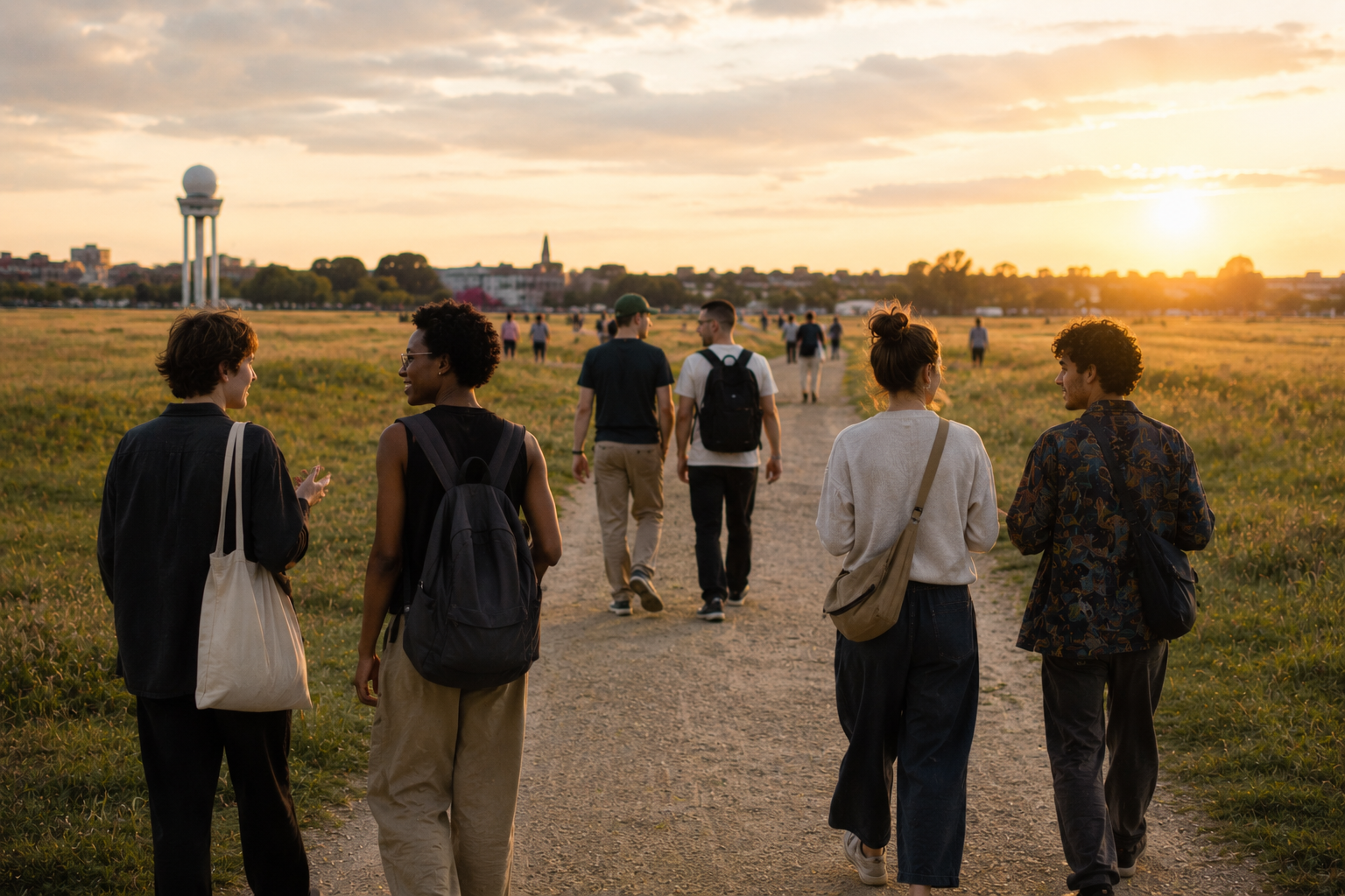 Gruppe von Menschen bei einem philosophischen Spaziergang in der Natur zum Verhältnis von Mensch, Natur und bewusster Wahrnehmung